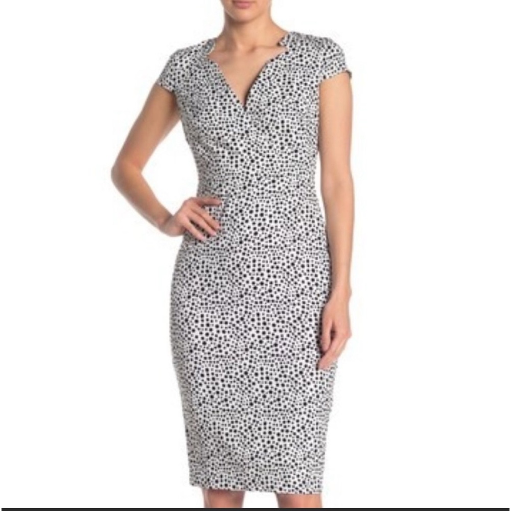 Alexia Admor Cap Sleeve Notched V Neck Zip Back Polka Dot Lined MIDI Dress Sz 8